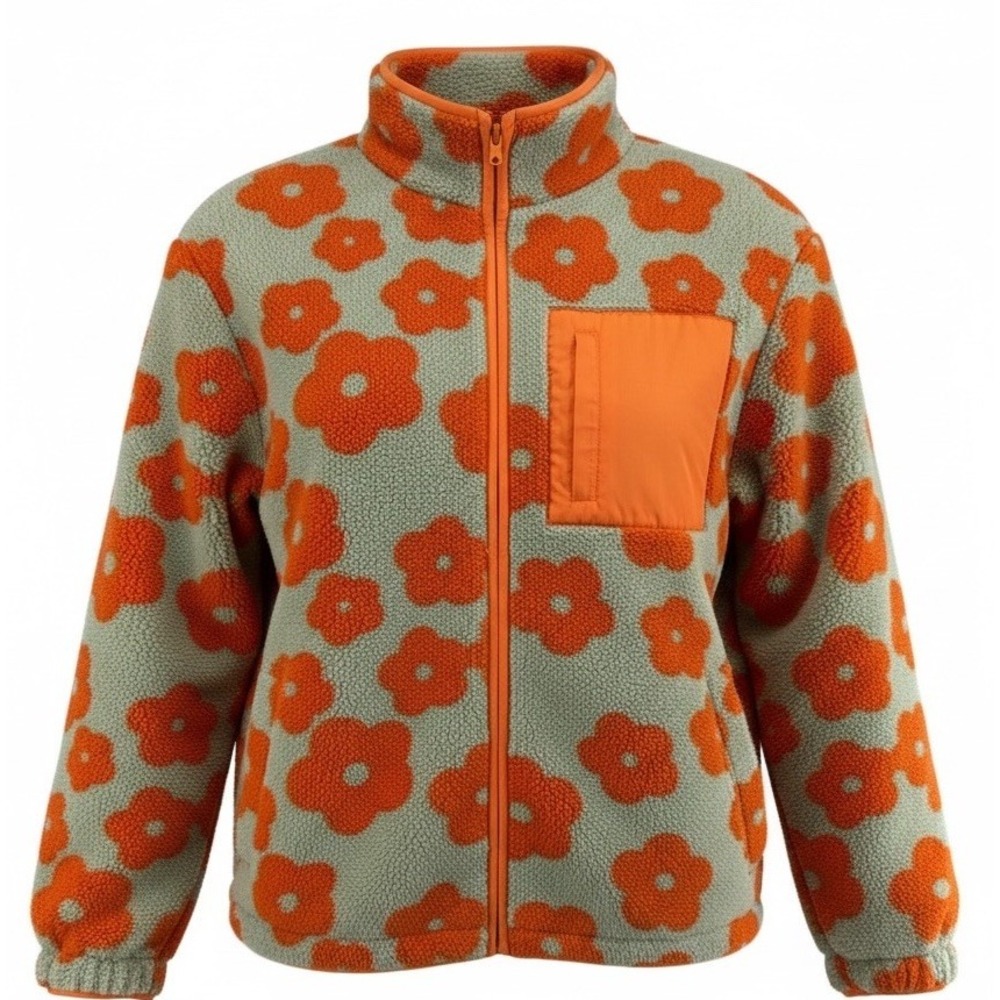 Bestto Flowery Fleece Jacket: Size Small‎ Green With Orange Flowers